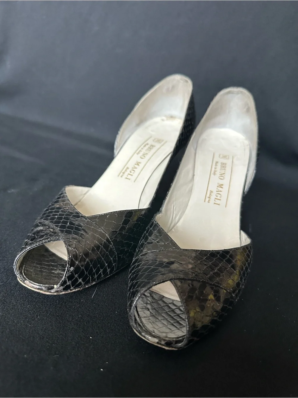 Bruno Magli Black Snakeskin Peep-Toe Heels with Red Heel Detail made in Italy 9